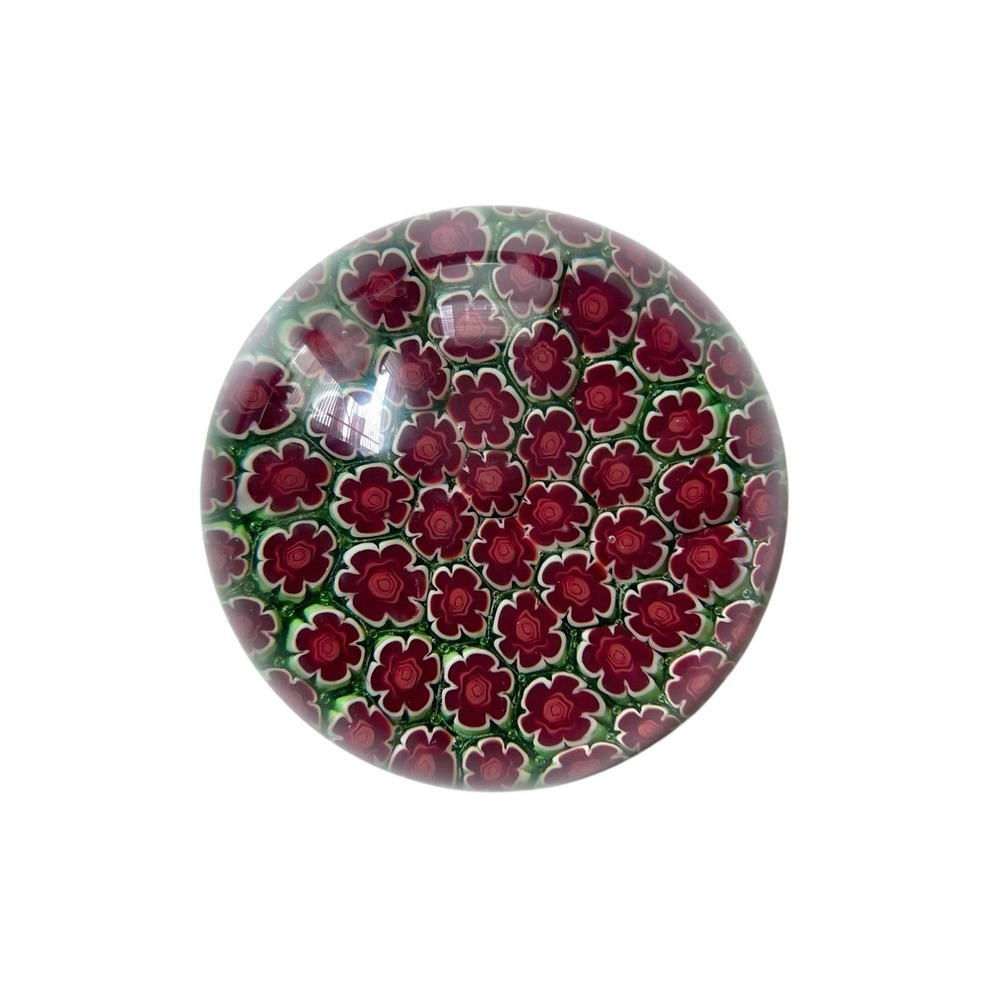 Vintage Art Glass Millefiori Desk Paperweight Green Red Flowers 2" Hand Blown